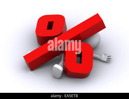 3d carattere schiacciato dalla grande il simbolo percentuale isolato su bianco Foto Stock