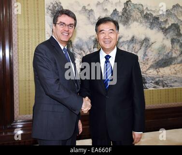 Pechino, Cina. 7 Nov, 2014. Chinese Vice Premier Wang Yang (R) si riunisce con il direttore generale dell'Organizzazione mondiale del commercio (OMC) Roberto Azevedo a Pechino Capitale della Cina, nov. 7, 2014. © Li Tao/Xinhua/Alamy Live News Foto Stock