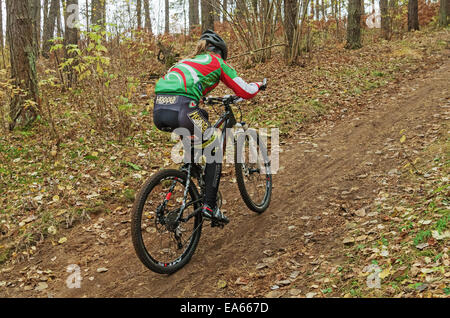 La Repubblica della Bielorussia campionato di cross-country ciclismo 19.10. 2014 - Il percorso della foresta. Le ragazze del ciclo di fase di gara. Foto Stock