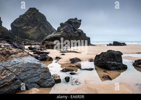 Rocce e piscine di roccia sulla spiaggia di Bedruthan Steps vicino Mawgan Porth in Cornovaglia, Inghilterra. Foto Stock