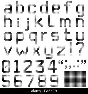 Custodia inferiore alfabeti, numeri e caratteri di punteggiatura nel retro rotondo font pixel. Isolato e contiene pixel di ricambio. Foto Stock