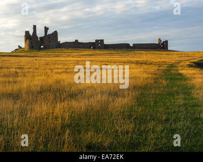 Incredibilmente aspra costa di Isola Santa in Northumberland è protetto da Lindisfarne Castle su un bellissimo morni inverni Foto Stock