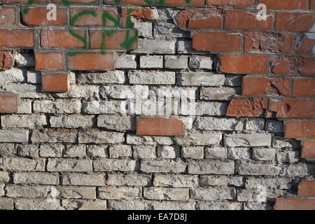 Marrone a muro di mattoni rotto in alcuni luoghi di preparare per la ricostruzione in hospital, Marzo 1, 2014, Vileyka, Bielorussia Foto Stock