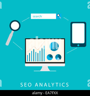 SEO analytics flat graphic design per l'ottimizzazione del motore di ricerca concetto nel vettore Foto Stock