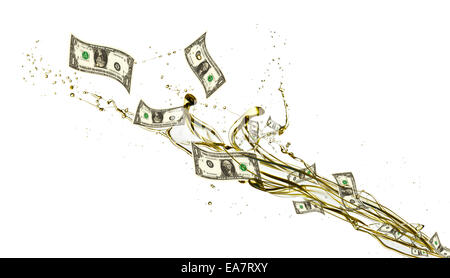 Concetto di banconote di dollari e schizzi di benzina, isolati su sfondo bianco Foto Stock