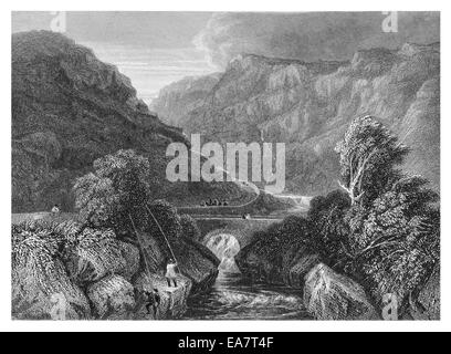 Pont Aberglaslyn ingresso principale a caernarvonshire Snowdonia, Gwynedd, il Galles del nord dal sud circa 1830 Foto Stock