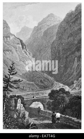 Pont Aberglaslyn ingresso principale a caernarvonshire Snowdonia, Gwynedd, il Galles del nord dal sud circa 1830 Foto Stock