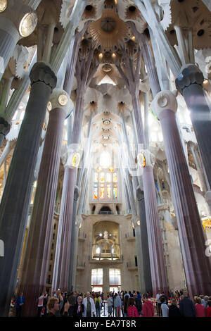 Interno della Sagrada Familia di Antoni Gaudi design a Barcellona, in Catalogna, Spagna. Foto Stock