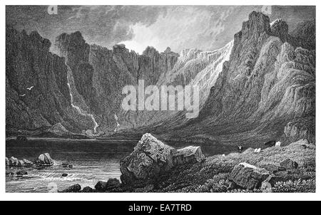 Llyn Idwal Snowdonia Nord Ovest Gwynedd in Galles il pass di Nant Frangon Caernarvonshire circa 1830 Foto Stock