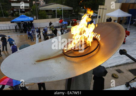 Atene, Grecia. 8 novembre 2014. Close-up della Maratona di fiamma. La maratona di fiamma del xxxii maratona di Atene è stata accesa nel luogo di inizio della Maratona nella maratona. La fiamma si bruciano per tutta la marathon weekend. Un numero record di 13.000 corridori della maratona è registrato per questo anno la gara. Credito: Michael Debets/Alamy Live News Foto Stock