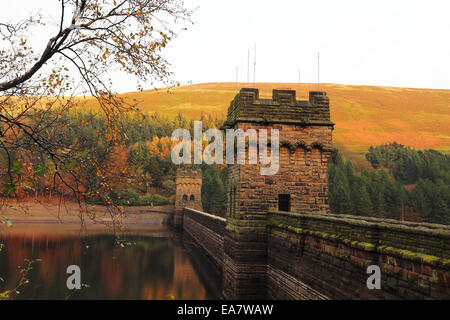 Oriente e Occidente torri del serbatoio Derwent Dam, Peak District, Derbyshire, Inghilterra Foto Stock