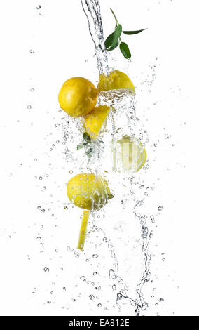 Studio shot di limoni freschi con acqua splash, isolati su sfondo bianco Foto Stock