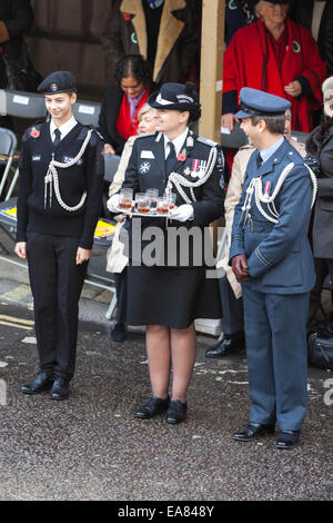 8 novembre 2014, signore sindaco di mostrare, City of London, Londra, Regno Unito. I membri di St John Ambulance attendono l arrivo del sindaco di Londra presso la Mansion House con un drink di benvenuto. Il Sindaco al Salone è la più antica processione civile in tutto il mondo, che celebra l'inizio di un periodo di un anno per il nuovo sindaco della città di Londra. Foto Stock