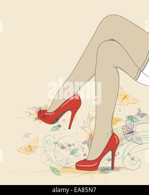 Sfondo con gambe femmina in rosso le scarpe e le calze Foto Stock