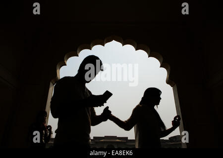 (141109) -- AGRA, nov. 9, 2014 (Xinhua) -- turisti visitano il Diwan-i-Khas udienza del Forte Rosso di Agra in Agra, Uttar Pradesh, India, nov. 8, 2014. Vicino ai giardini del Taj Mahal si erge l'importante monumento Mughal del XVI secolo conosciuto come il Forte Rosso di Agra. Questo potente fortezza di arenaria rossa comprende, entro le sue mura di cinta lunghe 2,5 km, la città imperiale di reggenti di Mughal. Esso comprende numerosi palazzi come il palazzo di Jahangir e il Khas Mahal, costruito da Shah Jahan; sale di pubblico, come la Diwan-i-Khas; e due bellissime moschee. Il Forte Rosso di Agra è stata enl Foto Stock