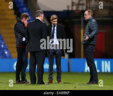 Londra, Regno Unito. 3 Novembre, 2014. Il palazzo di cristallo del Presidente Steve parrocchia ha parole forti con il groundsman dopo il fischio finale circa il passo.- Barclays Premier League - Crystal Palace vs Sunderland- Selhurst Park - Londra - Inghilterra - 3 Novembre 2014 - Picture David Klein/Sportimage. © csm/Alamy Live News Foto Stock