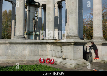 Cardiff, Galles, UK. 9 Novembre, 2014. Bambino cercando la Welsh National War Memorial a Cathays Park, Cardiff, Regno Unito. dopo il centenario ricordo il credito di servizio: Owain Thomas/Alamy Live News Foto Stock