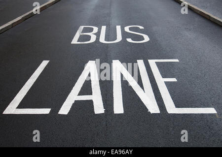 Corsia degli autobus dipinto sulla strada asfaltata Foto Stock