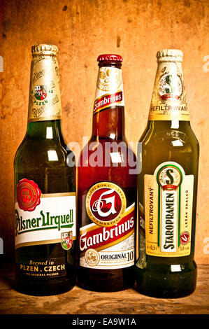 Tre bottiglie di birra ceca marche Foto Stock