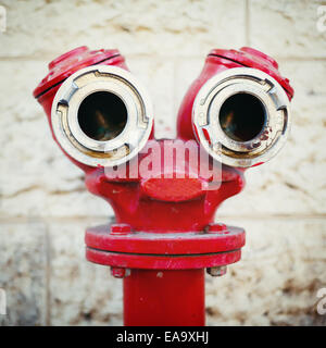Vecchio rosso idrante di fuoco su una strada, guardando come una faccina sorridente. Instagram stile. Foto Stock