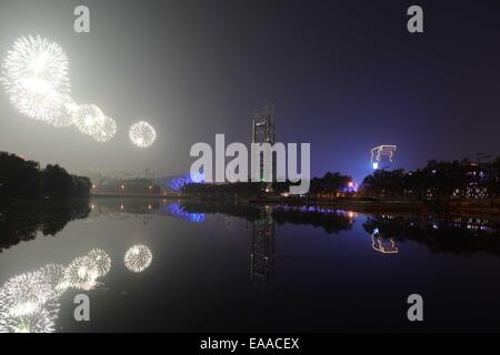 (141110) -- PECHINO, nov. 10, 2014 (Xinhua) -- uno spettacolo di fuochi d'artificio è andato in scena a Pechino il Parco Olimpico di Pechino, capitale della Cina, nov. 10, 2014. La ventiduesima Cooperazione economica Asia-Pacifico (APEC) economico leader dell' incontro avviene a Pechino da nov. Da 10 a 11. (Xinhua/Ma Ning) (mm) Foto Stock