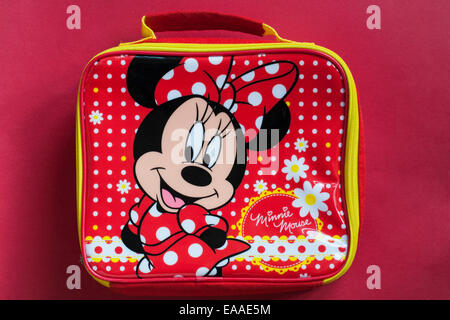 Minnie Mouse per bambini sacchetto lunch box set su sfondo rosso Foto Stock