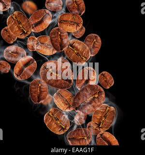 Volare i chicchi di caffè in fumo, isolati su sfondo nero Foto Stock