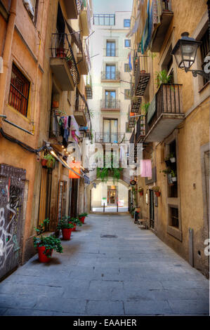 Vicolo nel quartiere Gotico di Barcellona e della Catalogna, Spagna Foto Stock