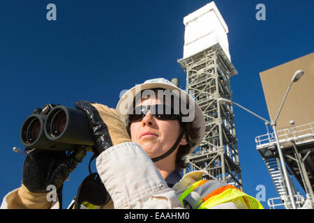 Andrea Wuenschel, uno dei 50 biologi lavorando al Ivanpah Solar Thermal Power Plant in California''s Deserto Mojave è attualmente il più grande impianto solare termico nel mondo. Esso genera 392 megawatt (MW) e distribuisce 173,500 heliostats che riflettono i raggi suns su tre torri solare. Esso copre 4.000 acri di deserto. Andrea è guardare fuori per gli uccelli che potrebbero essere battenti vicino alle torri solare. Foto Stock