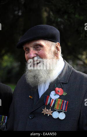 La Seconda Guerra Mondiale il veterano George Evans di età compresa tra i 91 indossando papavero rosso e bianco di papavero di pace a Wellington il ricordo del servizio una sfilata Foto Stock