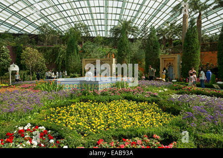 Display di massa delle colorate fiori, fontana, palme e turisti in fiore cupola in Singapore i giardini della baia Foto Stock