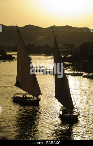 Barca a vela sul feluche al tramonto, Fiume Nilo, Aswan Foto Stock