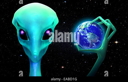 3D render del pianeta terra in mano di uno straniero. Foto Stock
