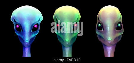 Sci-fi 3d'illustrazione, tre stranieri isolati su nero Foto Stock