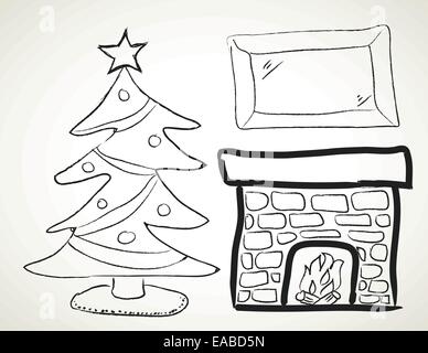 Disegno di un albero di natale accanto a un caminetto Illustrazione Vettoriale