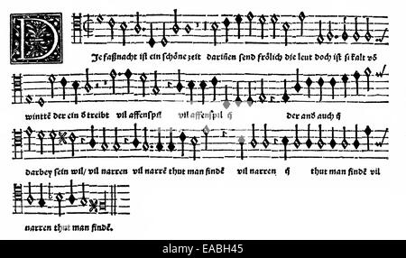 Foglio di musica, canto carnascialesco da Orlandus Lassus o Orlando di Lasso o Orlande o Roland de Lassus, 1532-1594, compositore del Ren Foto Stock