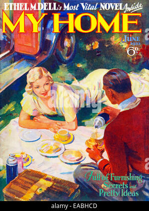 La mia casa, picnic, 1933 la copertura della casa inglese e lifestyle magazine per il nuovo suburban middle class, un picnic sul ciglio della strada nel paese Foto Stock