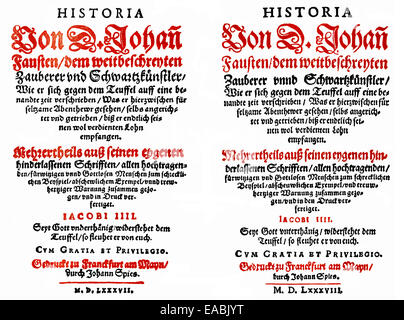 Stampa storico, 1587-88, pagina anteriore del primo e del secondo libro di Faust, stampato da Johann Spiess a Francoforte, Historische D Foto Stock