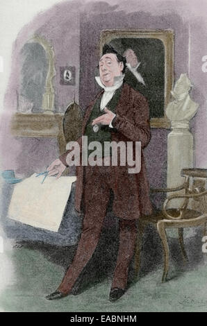 Charles Dickens (1812-1870). Il sig. Pecksniff nel romanzo 'Martin Chuzzlewit', 1843-1844. Incisione colorata. Foto Stock