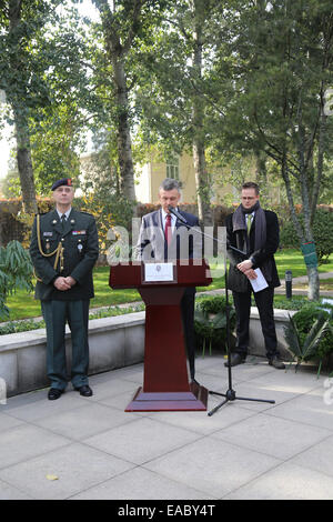 Pechino, Cina. 11 Novembre, 2014. Michael Malherbe (C), l'Ambasciatore belga alla Cina, parla nel corso di una cerimonia per commemorare la fine della Prima Guerra Mondiale in ambasciata Belga a Pechino, capitale della Cina, nov. 11, 2014. Ogni anno il Nov11, ambasciate dei paesi impegnati nella guerra a turno per tenere la commemorazione per rendere omaggio ai soldati uccisi durante la guerra scoppiata nel luglio del 28,1914 e si è conclusa il 9 novembre11,1918. Credito: Xinhua/Alamy Live News Foto Stock