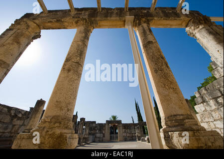 Pilastri nella sinagoga di Cafarnao sulla costa del lago di Galilea. Foto Stock