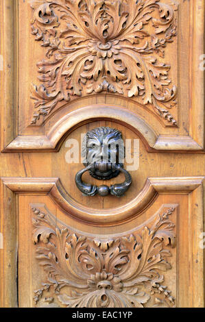 Porta vecchia o la porta e porta di antiquariato respingente somigliante ad una testa di leone Place des Trois Ormeaux Aix-en-Provence Provence Francia Foto Stock
