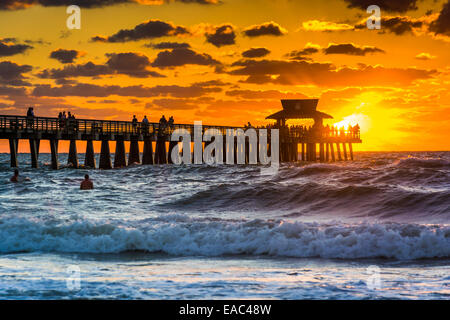 Tramonto sulla pesca del molo e il Golfo del Messico in Naples, Florida. Foto Stock