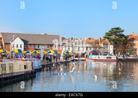 Barche in Stratford upon Avon il bacino del canale, il centro città, Stratford-upon-Avon, Warwickshire, Inghilterra, Regno Unito Foto Stock