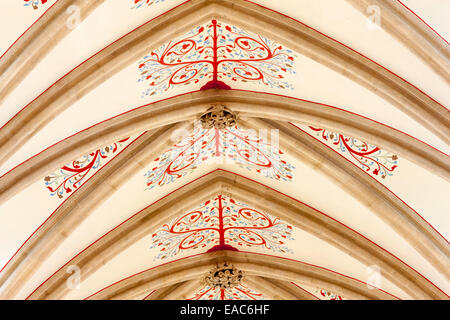 Soffitto decorato con soffitto a volta in pietra e il soffitto dipinto borchie, Cattedrale di Wells Somerset Foto Stock