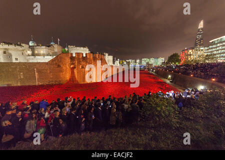 Londra, Inghilterra, Regno Unito. 11 novembre 2014. Folle immense assemblare presso la Torre di Londra nella notte di armistizio giorno - il giorno finale per vedere il sangue spazzata di terre e mari di rosso l'installazione completa 888,246 papaveri in ceramica che rappresentano ogni vita perduta nella Prima Guerra Mondiale. L'installazione è stato creato con ceramica artista Paul Cummins in un ambiente progettato da Tom Piper e eseguito da molti volontari. Fotografia Credito: 2014 John Henshall / Alamy Live News. JMH6384 Foto Stock