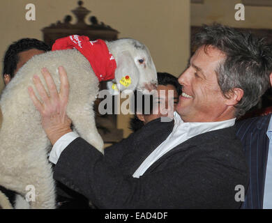 Henndorf vicino a Salisburgo, Austria. 11 Novembre, 2014. Attore britannico Hugh Grant detiene un agnello su 11 Novembre 2014 all'apertura dei mercati di Natale a Aiderbichl Estate in Henndorf vicino a Salisburgo, Austria. Credito: dpa picture alliance/Alamy Live News Foto Stock