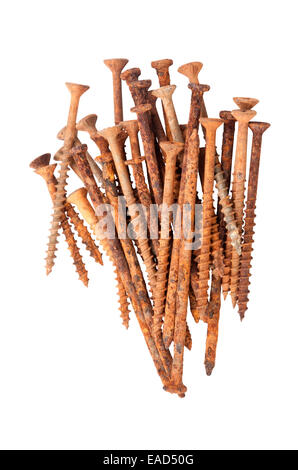 Isolato mazzetto di vecchio arrugginito viti per legno e chiodi Foto Stock