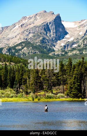 Fly fisherman pesca nel lago nel Parco Nazionale delle Montagne Rocciose Foto Stock