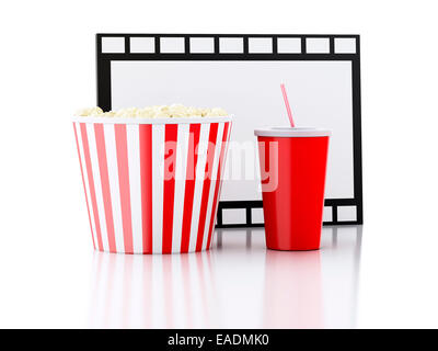 Immagine di pop-corn, bere e bobina di pellicola cinematografica. concetto. 3d illustrazione Foto Stock